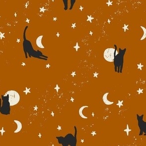 Black Cats Halloween - Stars and Moon - Dark Burnt Orange