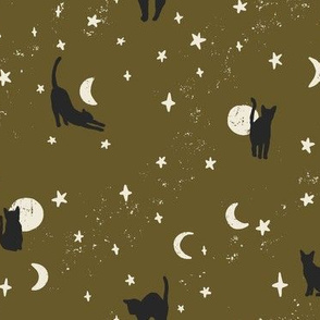 Cute Halloween Fabric Black Cats on Dark Olive Green