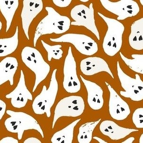 Halloween Ghosts on Dark Burnt Orange and Black