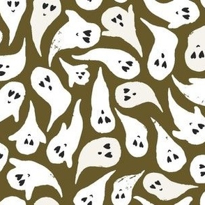 Cute Ghost Halloween on Dark Olive Green