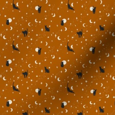 small // Black Cats Halloween Fabric on Dark Burnt Orange