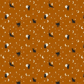 small // Black Cats Halloween Fabric on Dark Burnt Orange