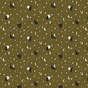 small // Black Cats Halloween Fabric on Dark Olive Green