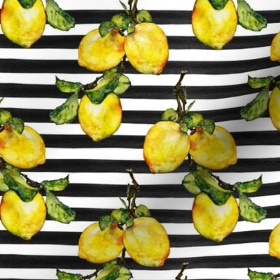Watercolor Lemons on Black Stripes