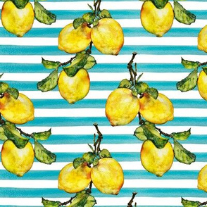 Watercolor Lemons on Turquoise Stripes