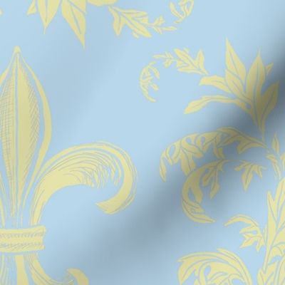 Cream Acanthus Fleur de Lis on Baby Blue Background