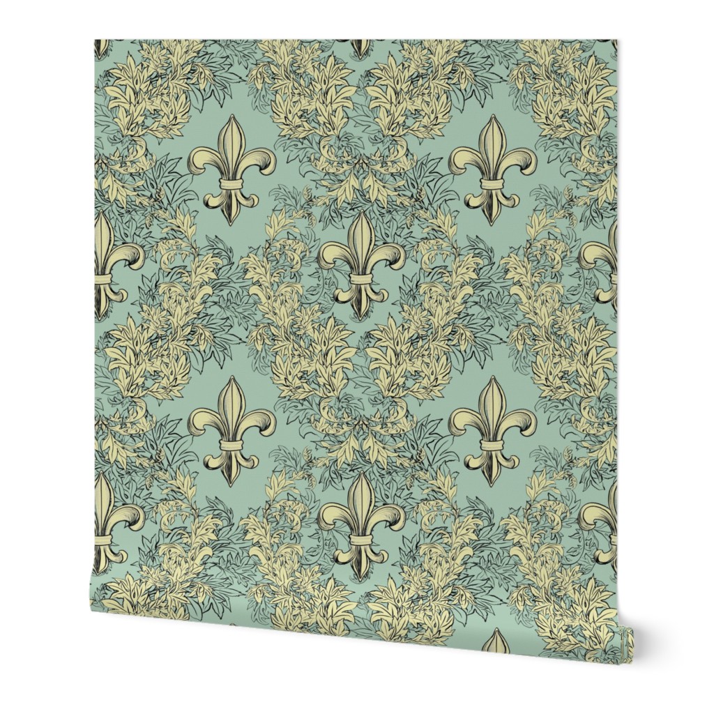 Cream Acanthus Fleur de lis on  Celadon Background with black line