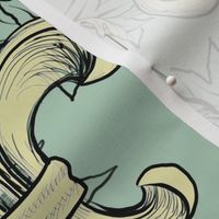 Cream Acanthus Fleur de lis on  Celadon Background with black line