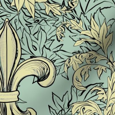 Cream Acanthus Fleur de lis on  Celadon Background with black line