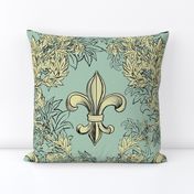 Cream Acanthus Fleur de lis on  Celadon Background with black line