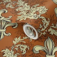 Cream Acanthus Fleur de Lis on Burnt Orange Background with black line