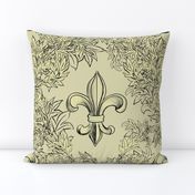 Cream Acanthus Fleur de Lis on Cream Background with black line