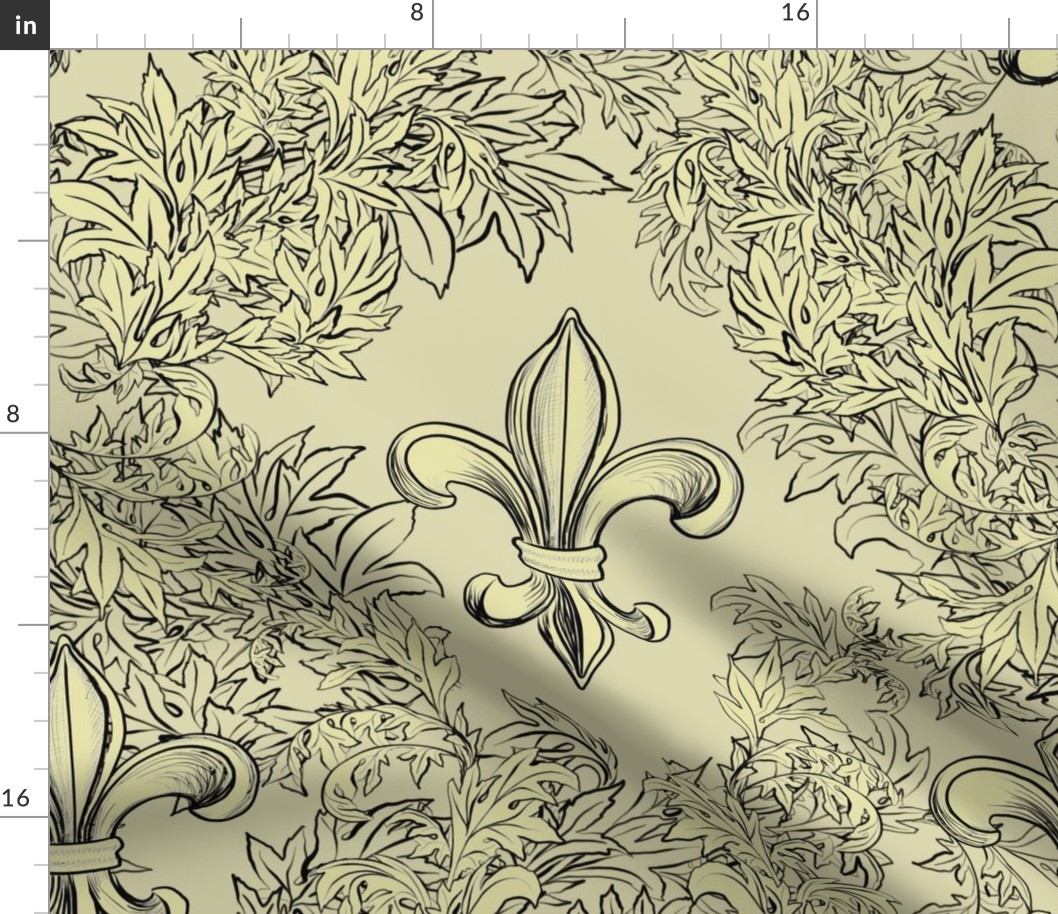 Cream Acanthus Fleur de Lis on Cream Background with black line