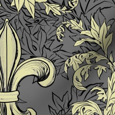Cream Acanthus Fleur de Lis on Gray Background with black line
