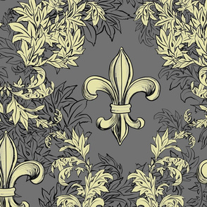 Cream Acanthus Fleur de Lis on Gray Background with black line