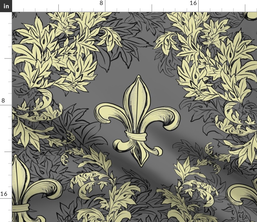 Cream Acanthus Fleur de Lis on Gray Background with black line