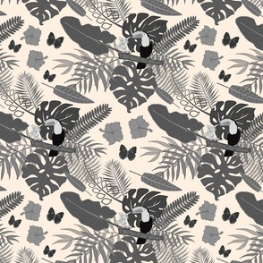 Tropical Toucan Can - greyscale on cream beige, medium 