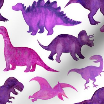 Pink Purple Watercolor Dinos White- Medium