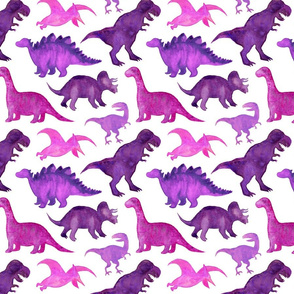 Pink Purple Watercolor Dinos White- Medium