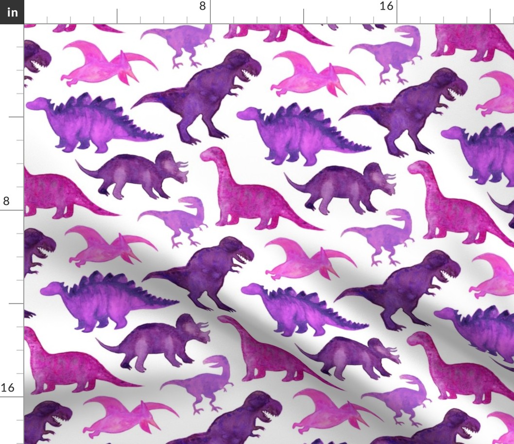 Pink Purple Watercolor Dinos White- Medium
