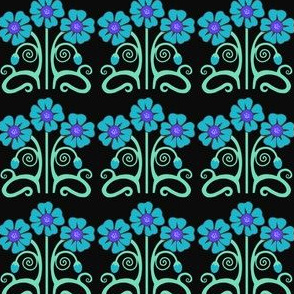 Art nouveau flowers teal on black