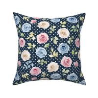 Medium Scale Shabby Cream Blue Pink Roses on Navy with White Polkadots