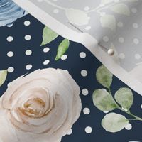 Medium Scale Shabby Cream Blue Pink Roses on Navy with White Polkadots