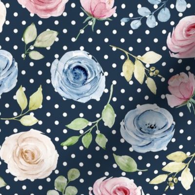 Medium Scale Shabby Cream Blue Pink Roses on Navy with White Polkadots