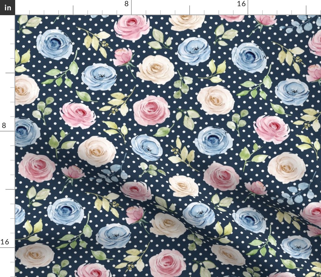 Medium Scale Shabby Cream Blue Pink Roses on Navy with White Polkadots