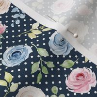 Small Scale Shabby Cream Blue Pink Roses on Navy with White Polkadots