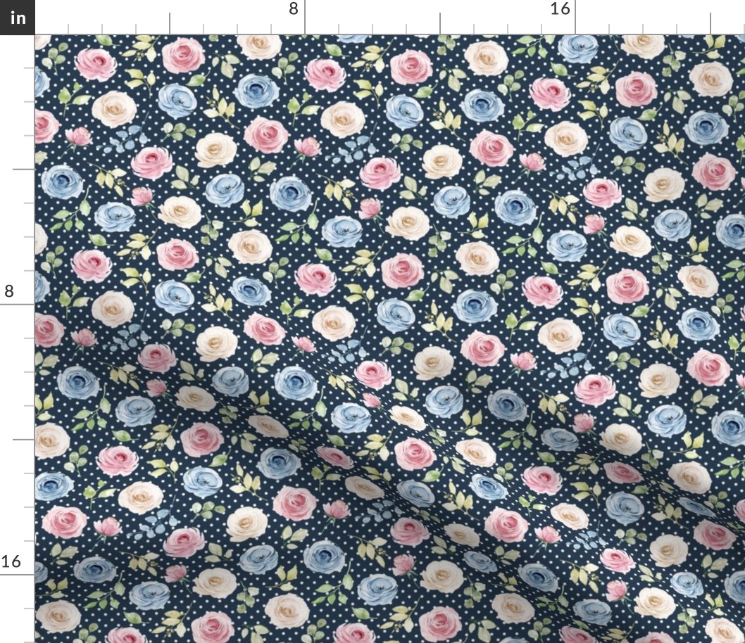 Small Scale Shabby Cream Blue Pink Roses on Navy with White Polkadots