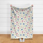 Large Scale Shabby Cream Blue Pink Roses on Ivory with Taupe Polkadots