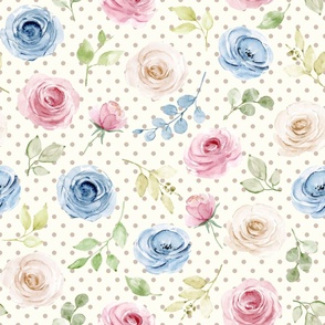 Large Scale Shabby Cream Blue Pink Roses on Ivory with Taupe Polkadots