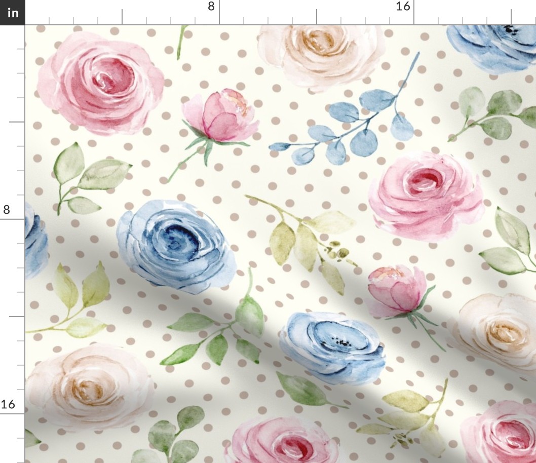 Large Scale Shabby Cream Blue Pink Roses on Ivory with Taupe Polkadots