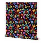 Large Scale Colorful Rainbows Flowers Hearts on Black