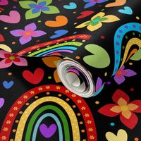 Large Scale Colorful Rainbows Flowers Hearts on Black