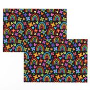 Medium Scale Colorful Rainbows Flowers Hearts on Black