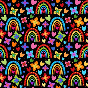 Medium Scale Colorful Rainbows Flowers Hearts on Black
