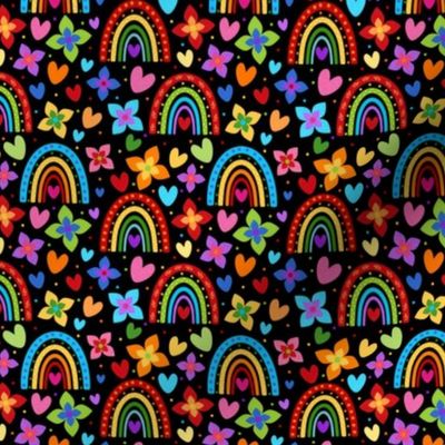 Small Scale Colorful Rainbows Flowers Hearts on Black