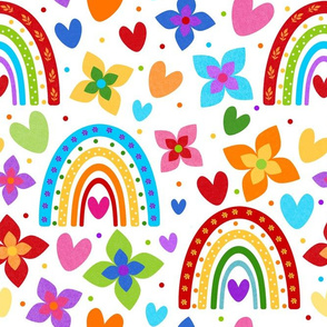Large Scale Colorful Rainbows Flowers Hearts on White