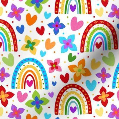 Medium Scale Colorful Rainbows Flowers Hearts on White