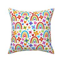 Medium Scale Colorful Rainbows Flowers Hearts on White