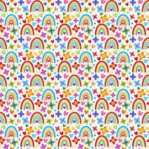 Small Scale Colorful Rainbows Flowers Hearts on White