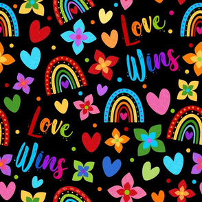 Large Scale Love Wins Rainbows Flowers and Hearts on Black