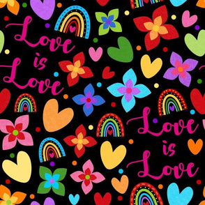 Large Scale Love is Love Rainbows Flowers Hearts on Black