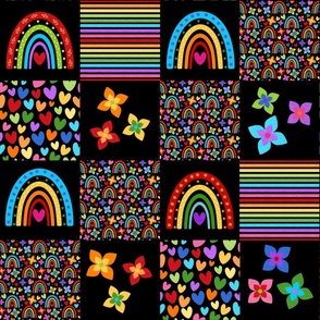 Patchwork 6" Square Cheater Quilt Nursery Rainbows Flowers Hearts on Black
