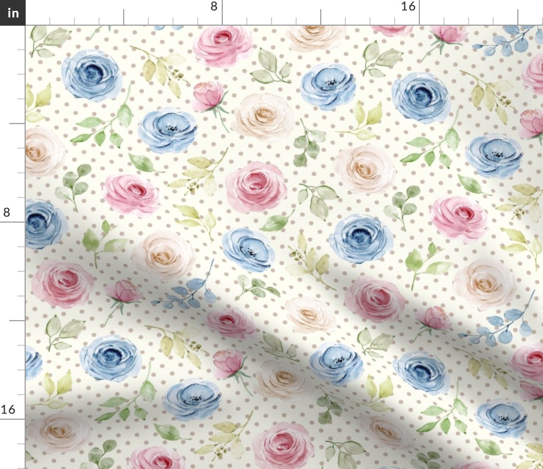 Medium Scale Shabby Cream Blue Pink Roses on Ivory with Taupe Polkadots