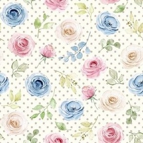 Small Scale Shabby Cream Blue Pink Roses on Ivory with Taupe Polkadots