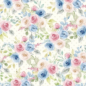 Large Scale Shabby Pink Blue Cream Roses on Ivory with Soft Taupe Polkadots