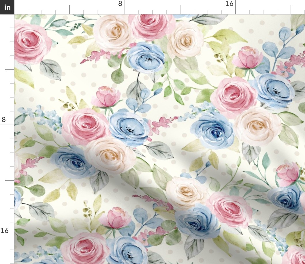 Large Scale Shabby Pink Blue Cream Roses on Ivory with Soft Taupe Polkadots